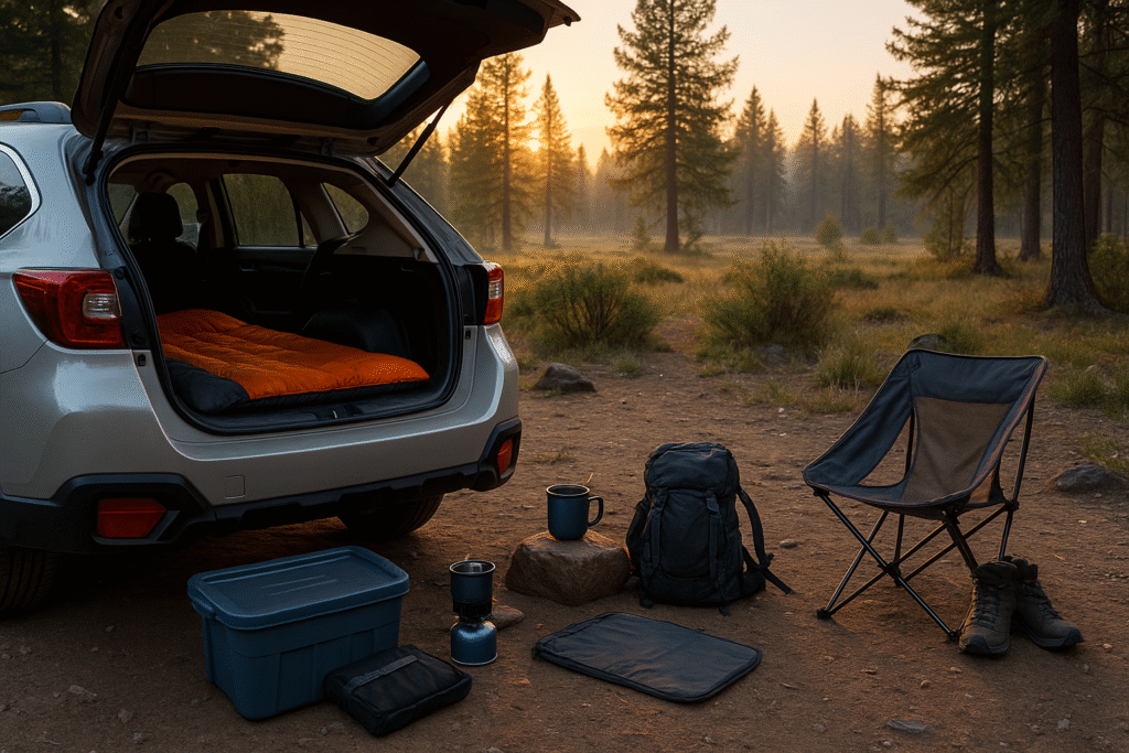 3-day car camping gear list, minimalist car camping essentials, what to bring car camping, weekend camping gear, what not to pack for car camping