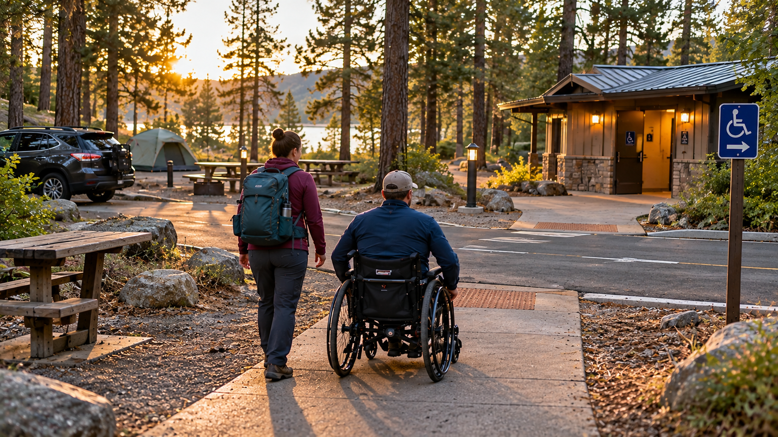 Wheelchair user and companion checking the accessible route from their campsite to a campground restroom before dark