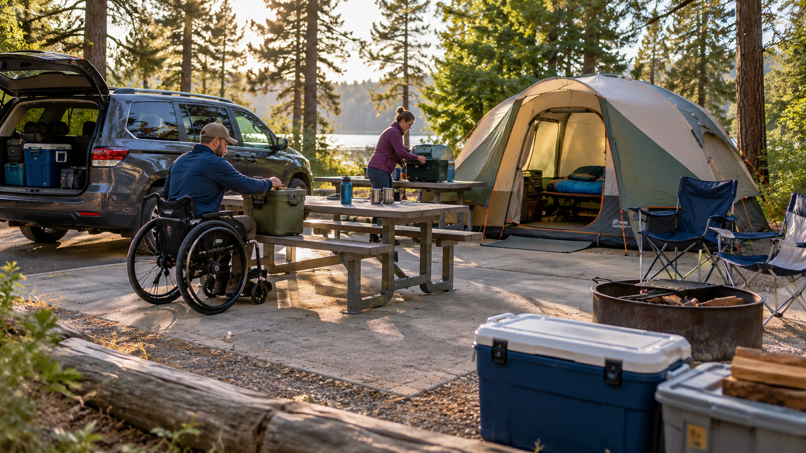 Wheelchair user and companion setting up an accessible campsite at a developed campground