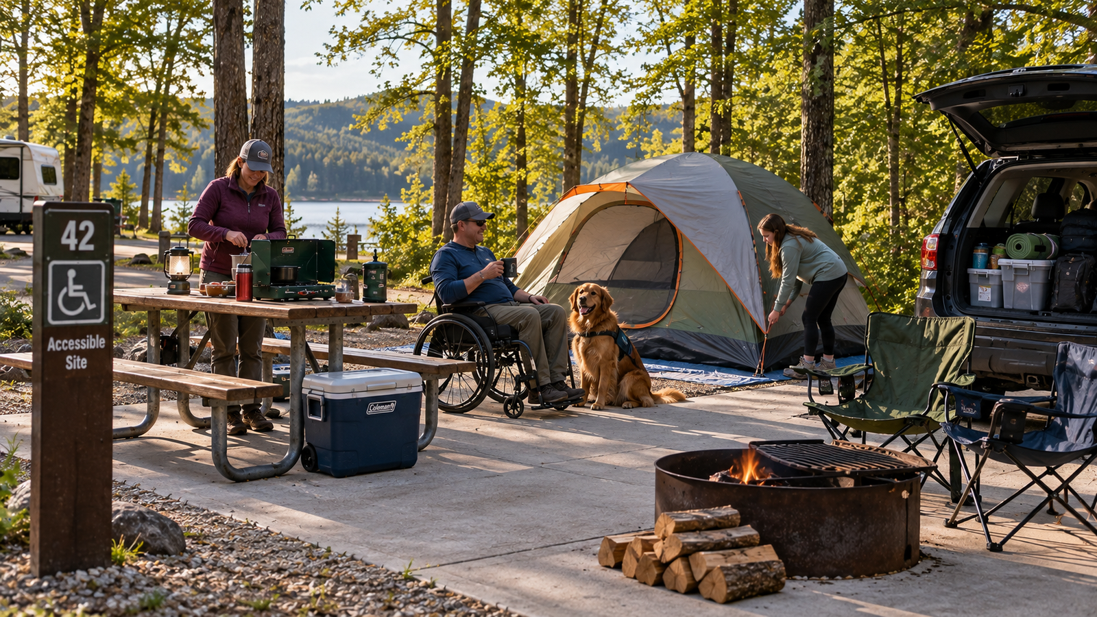 Campers enjoying an accessible campsite with a level pad, tent, picnic table and wheelchair access