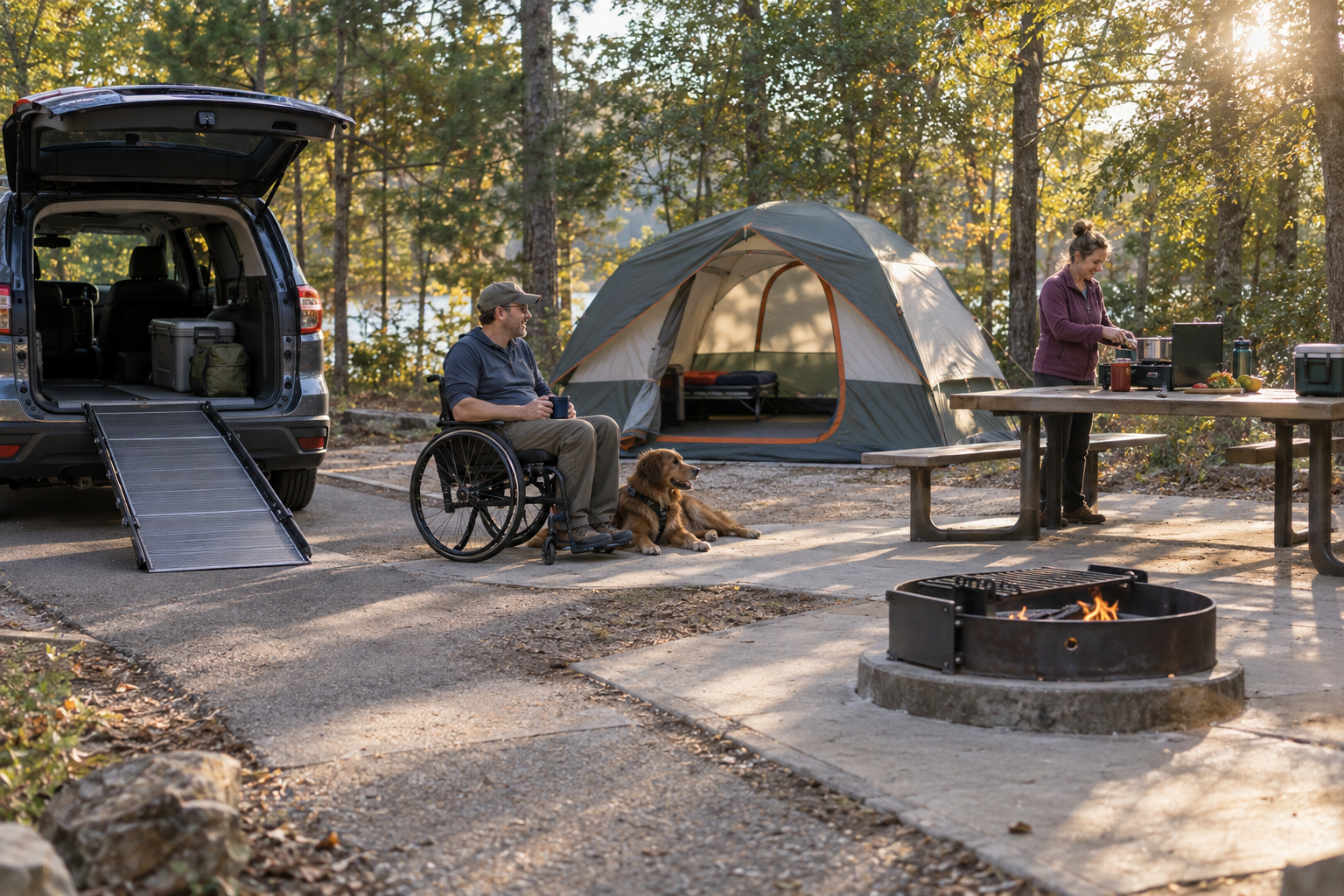 Camper using a wheelchair at a level campsite with a vehicle ramp, wide tent entrance, accessible picnic table, and raised fire ring.