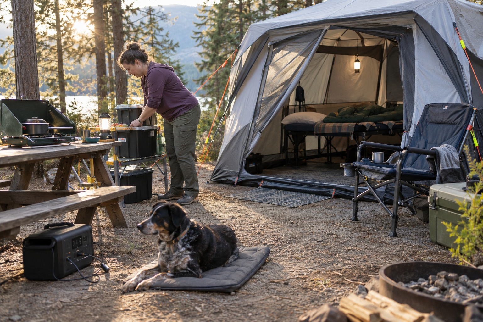 Camper organizing a campsite with a raised cot, chair with arms, reachable storage, tabletop stove, portable power station, and marked guylines.
