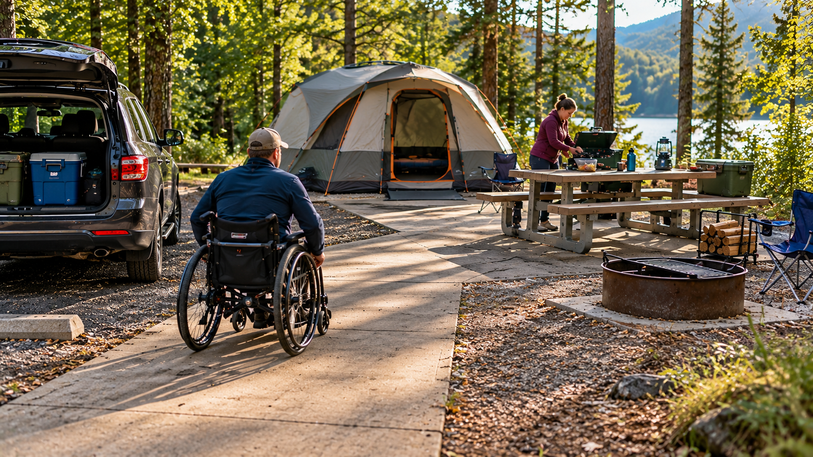 Wheelchair user following a clear route between the vehicle, tent, and picnic table at a campsite