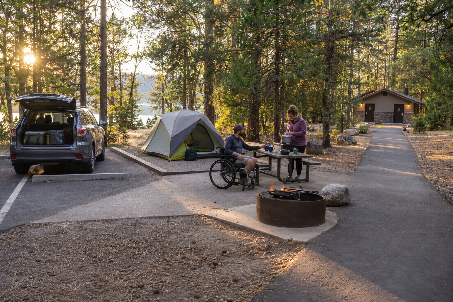 Accessible campsite with a paved parking area, level tent pad, picnic table, raised fire ring, and step-free route to the restroom.