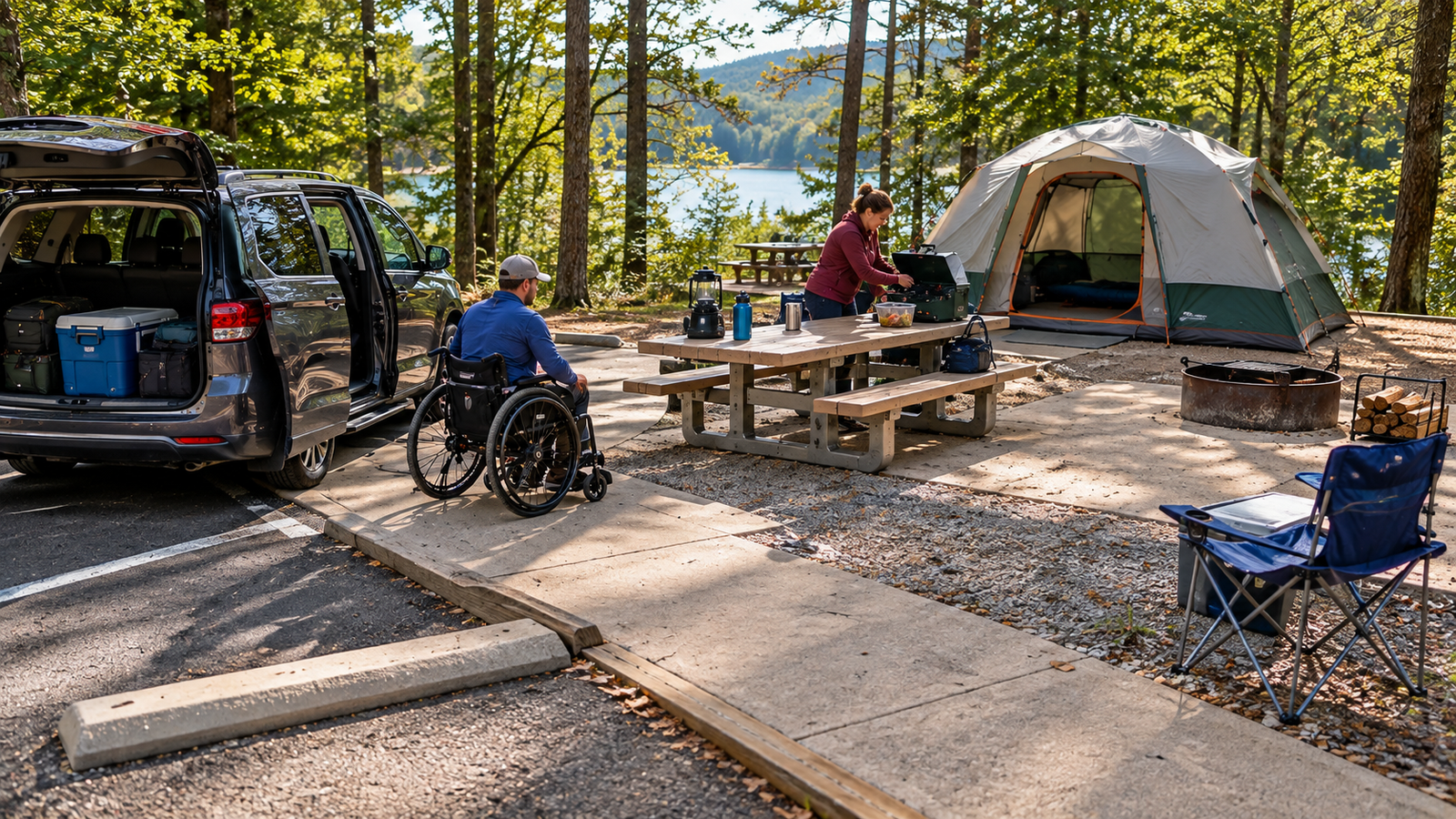 Wheelchair user moving from a vehicle toward a level accessible campsite with a picnic table and tent
