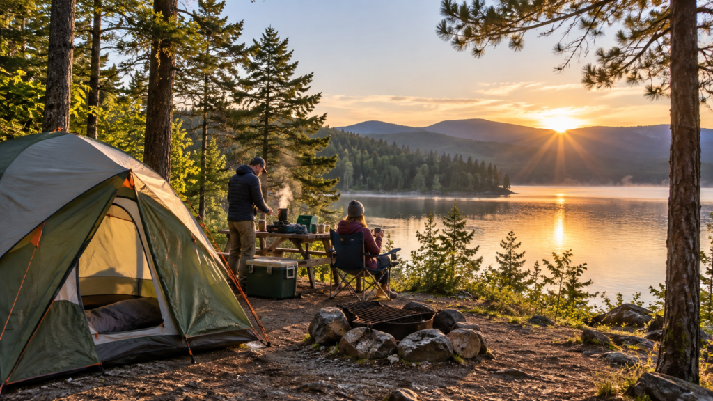 Tent and campers preparing breakfast at a lakeside campsite at sunrise