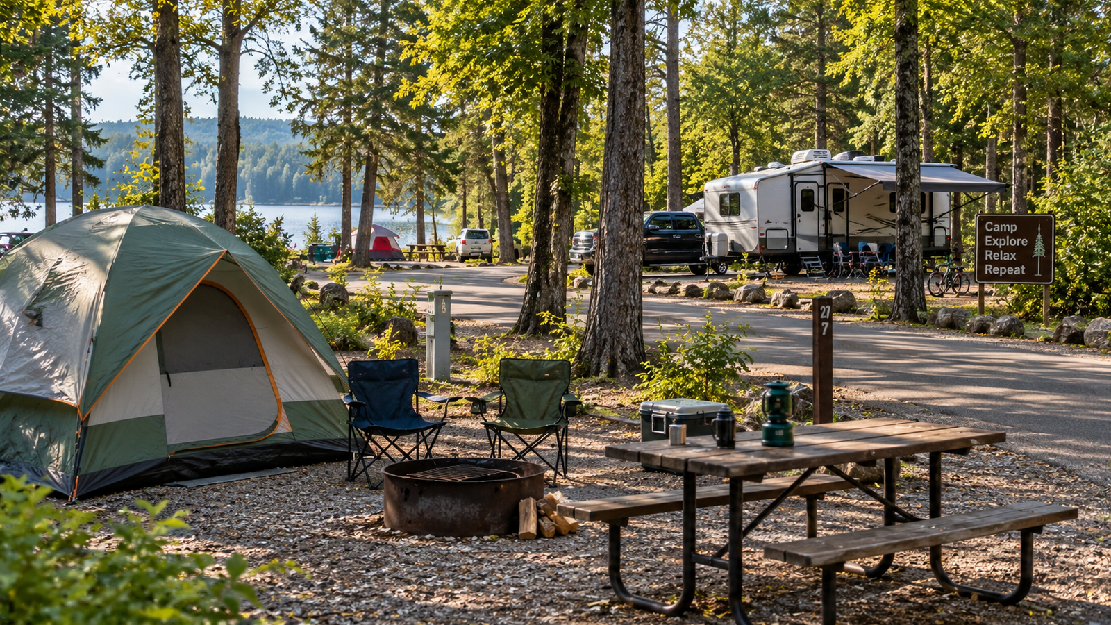 Tent and RV campsites at a developed wooded campground near a lake