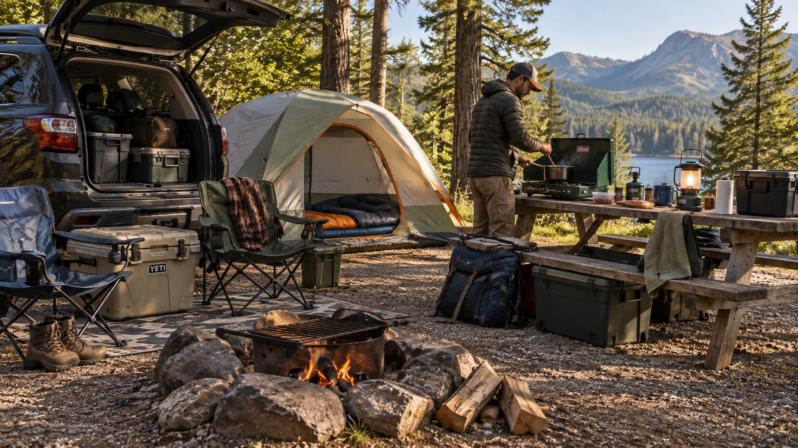 Camping gear including a tent, stove, cooler, chairs and sleeping equipment at a campsite